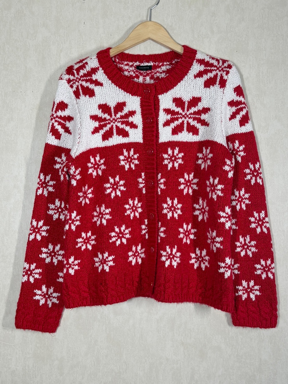 Talbots Women’s Wool Blend Crewneck Cardigan Sweater in Snowflake Fair Isle M - Picture 2 of 11